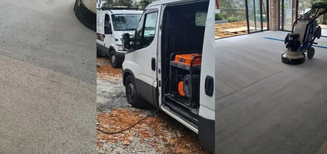 ProSand professional trade vans, concrete slab diamond grinding preparation, and commercial planetary floor grinders on a South Coast job site.